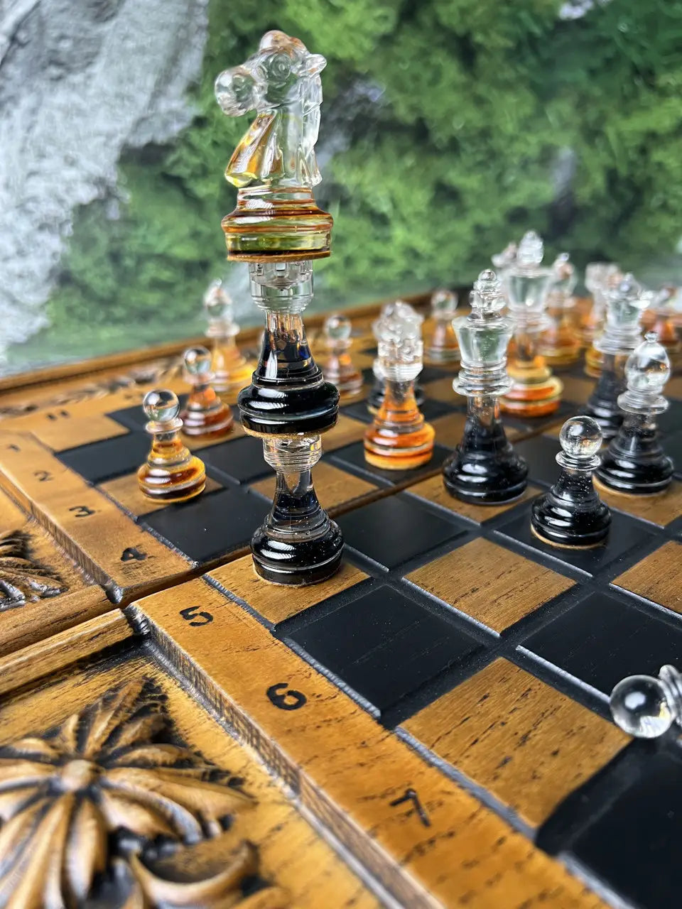 Close-up of premium epoxy resin chess pieces with smooth glossy texture