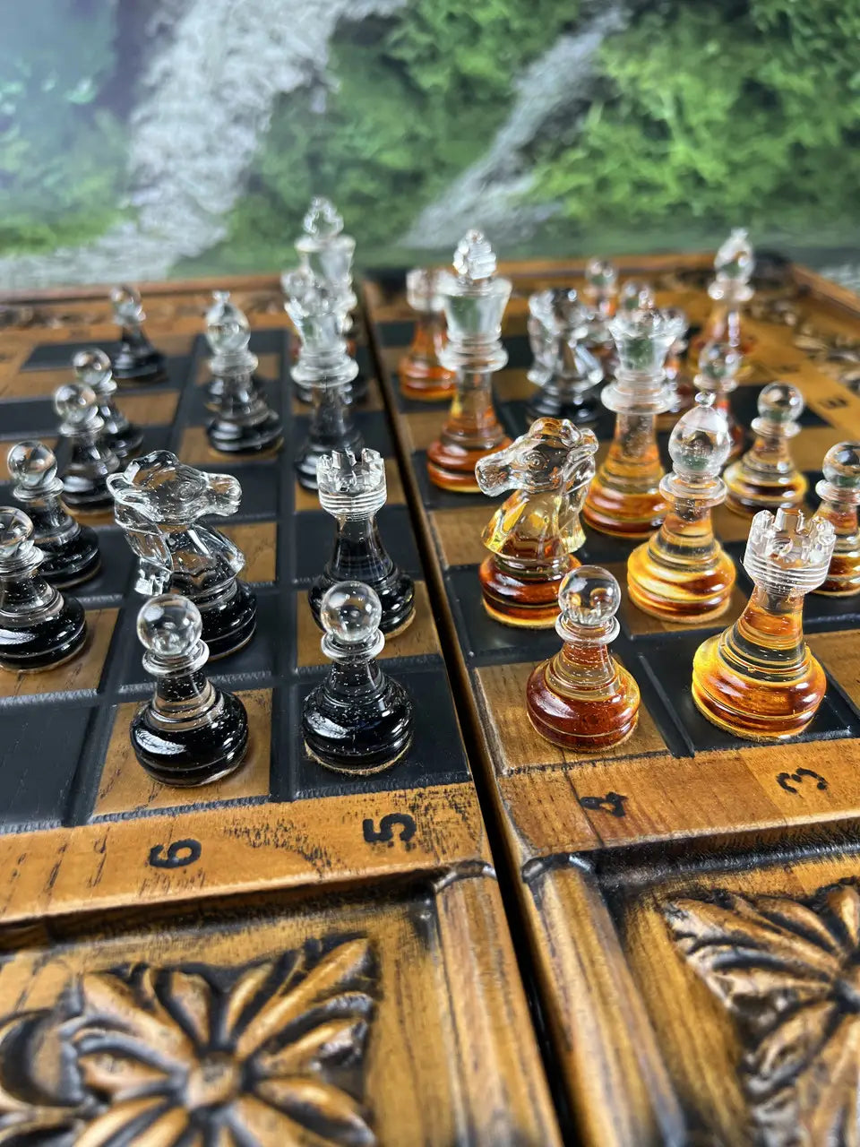 Luxury epoxy chess pieces set with contrasting transparent colors