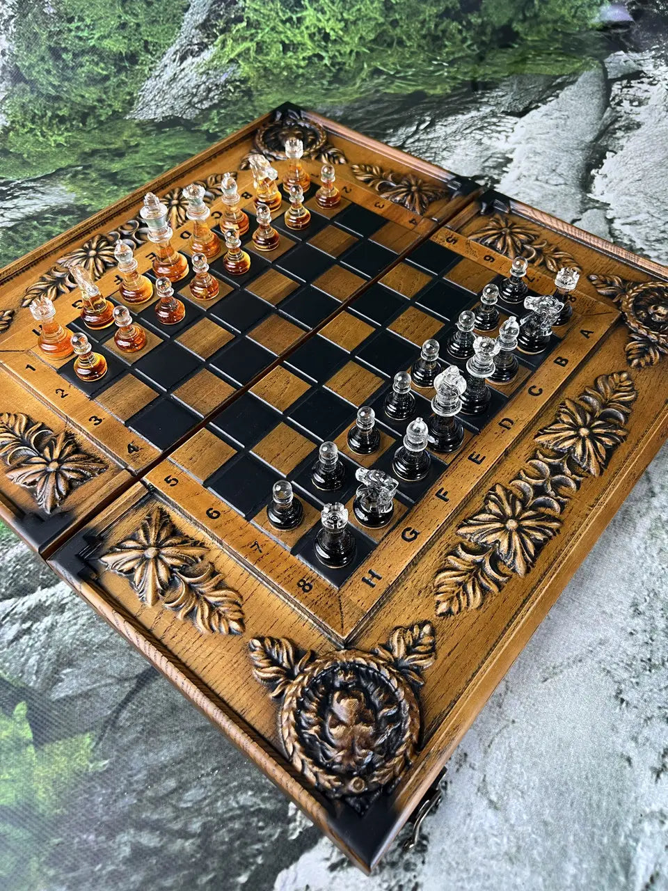 Luxury epoxy resin chess pieces Aristocrats set displayed on wooden chess board