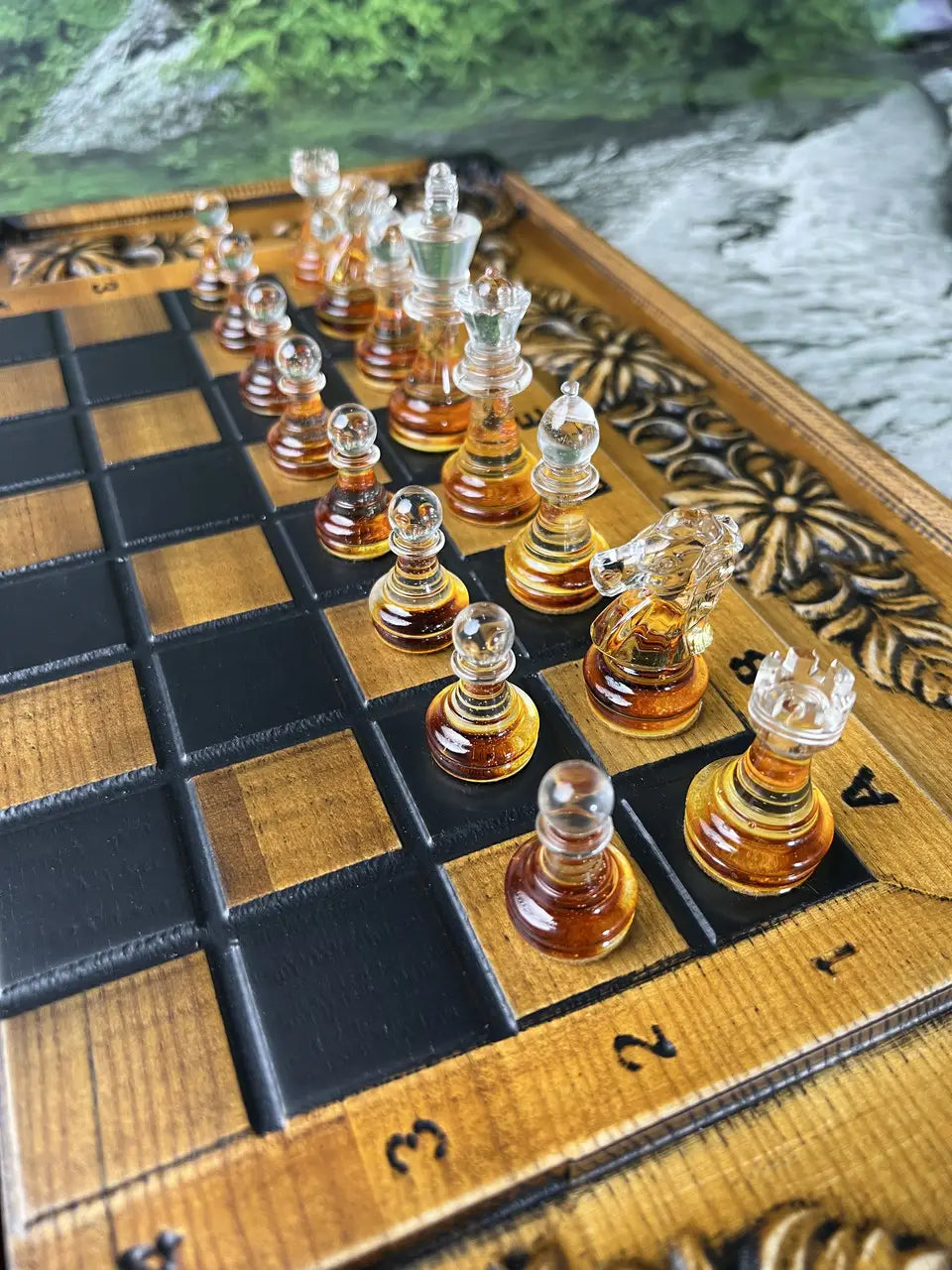 Amber epoxy resin chess pieces with semi-transparent crystal finish