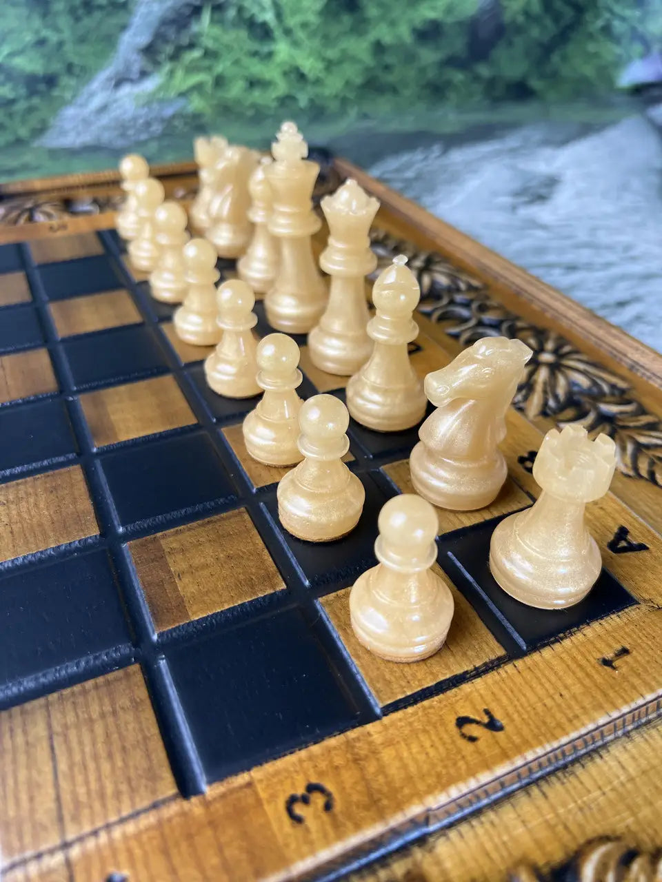 Handcrafted resin chess pieces set gold black tones, premium decorative chess