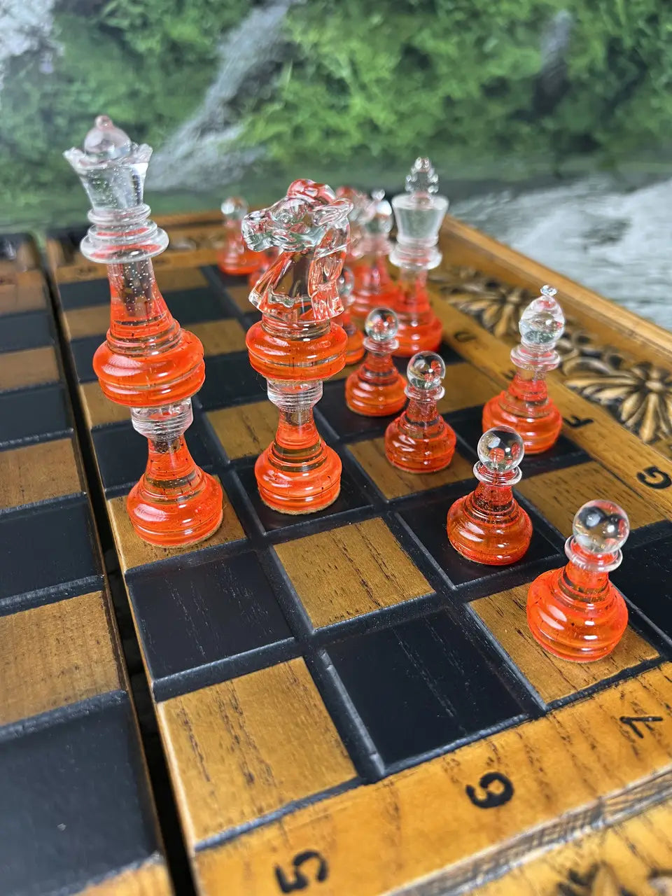 Luxury red resin chess pieces with transparent crystal effect