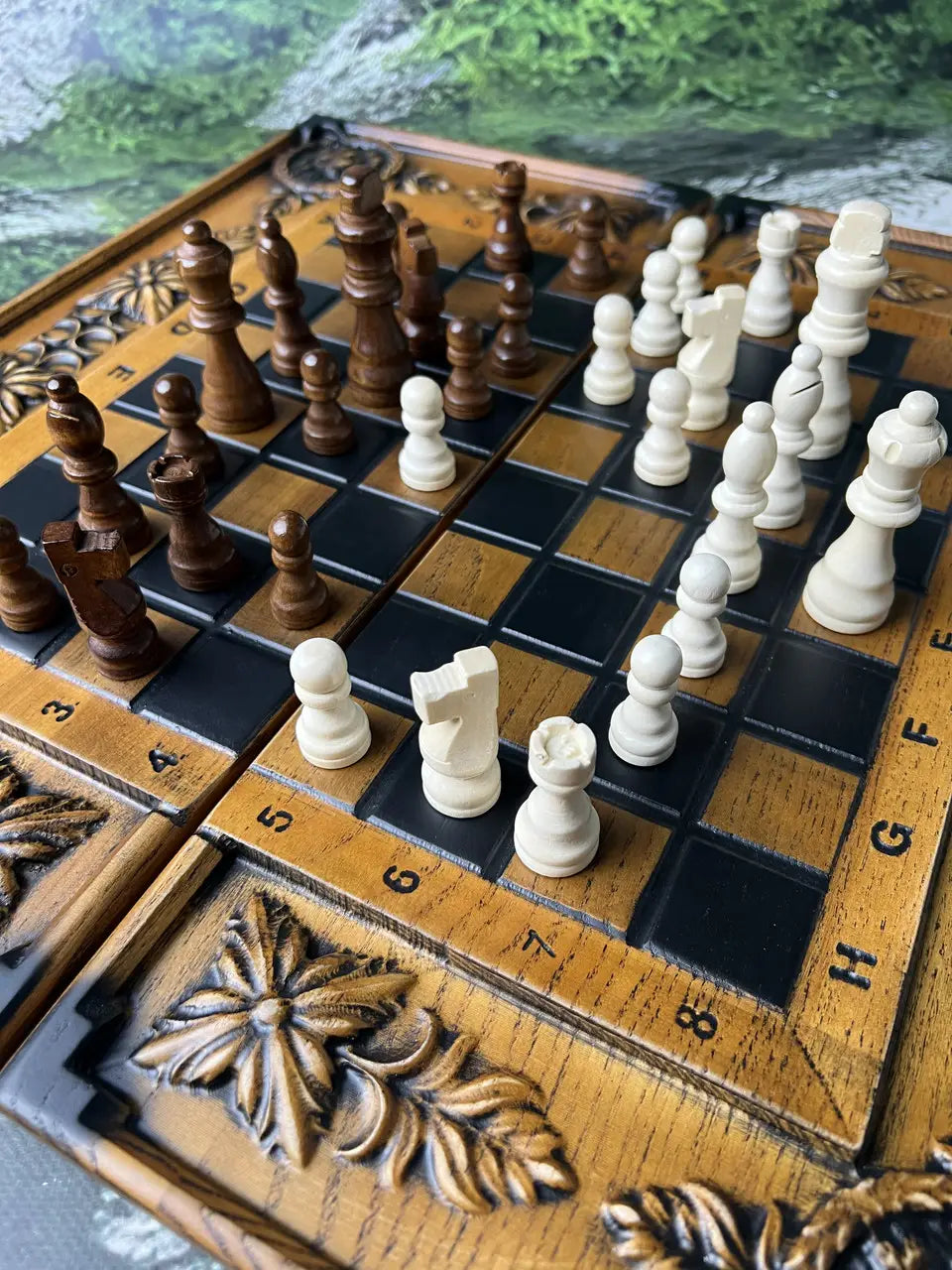 Handcrafted wooden chess board with full set of wooden chess pieces