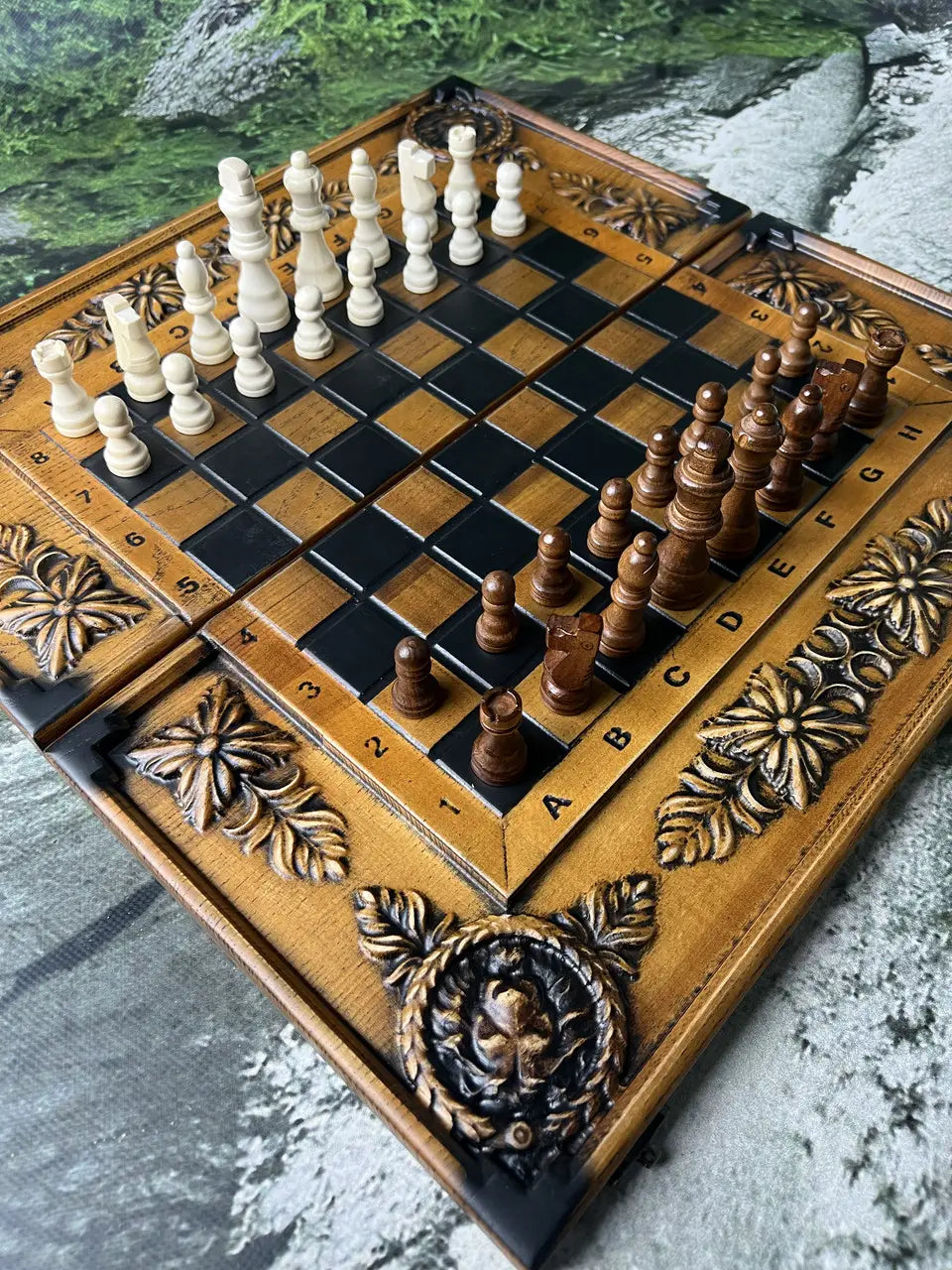 Premium wooden chess board with classic wooden chess pieces set