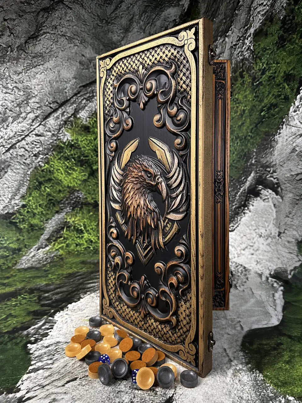 Side view of luxury carved wooden Eagle backgammon board