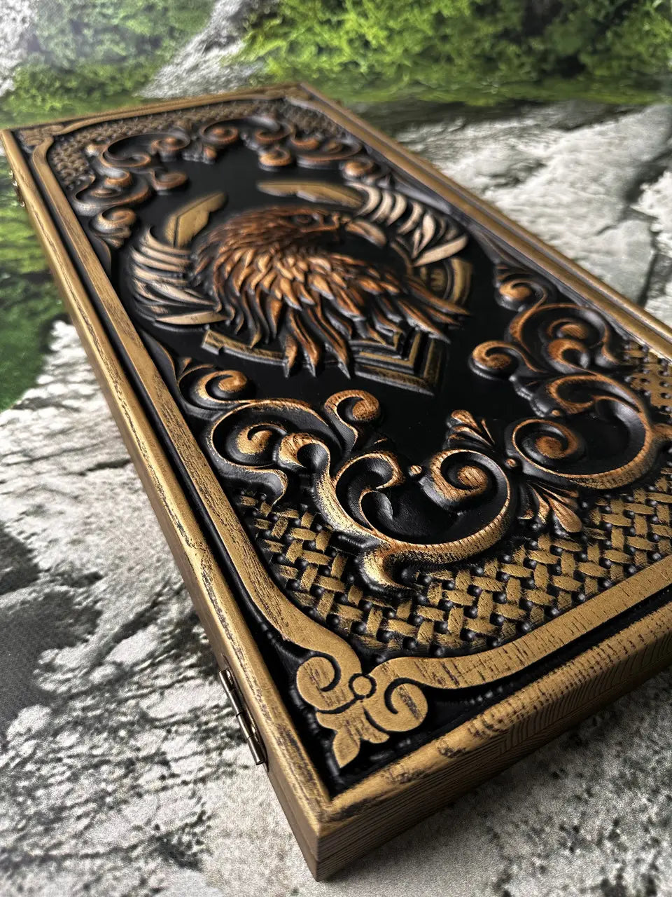 Handmade wooden Eagle backgammon set with carved ash wood design