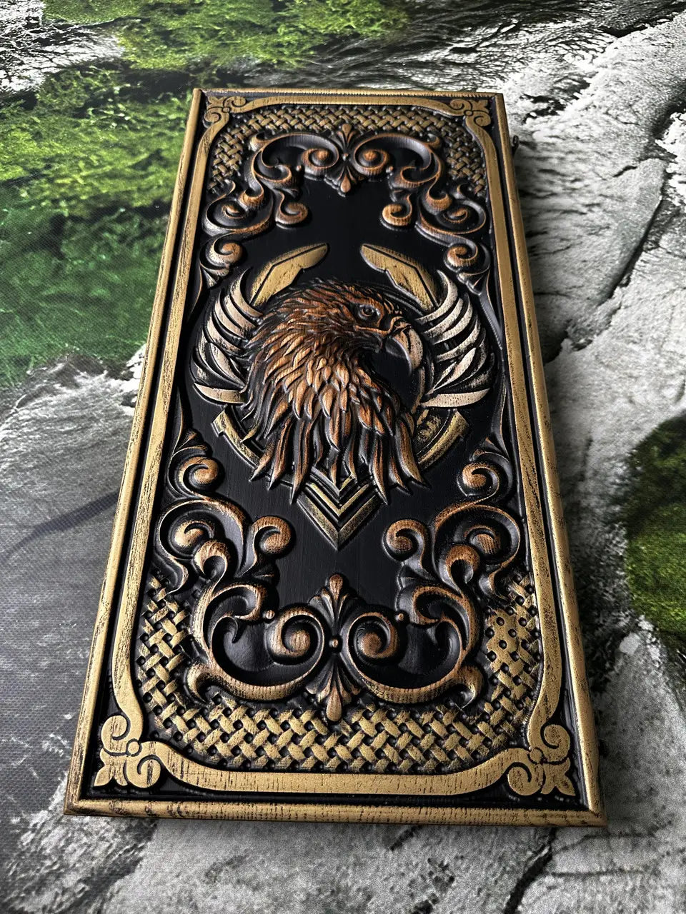 Front view of handmade Eagle backgammon set