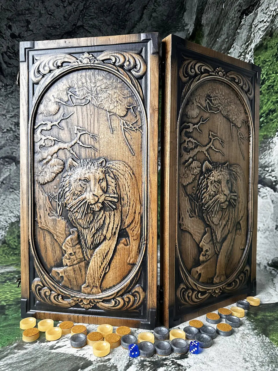 Decorative lion wooden backgammon set standing open