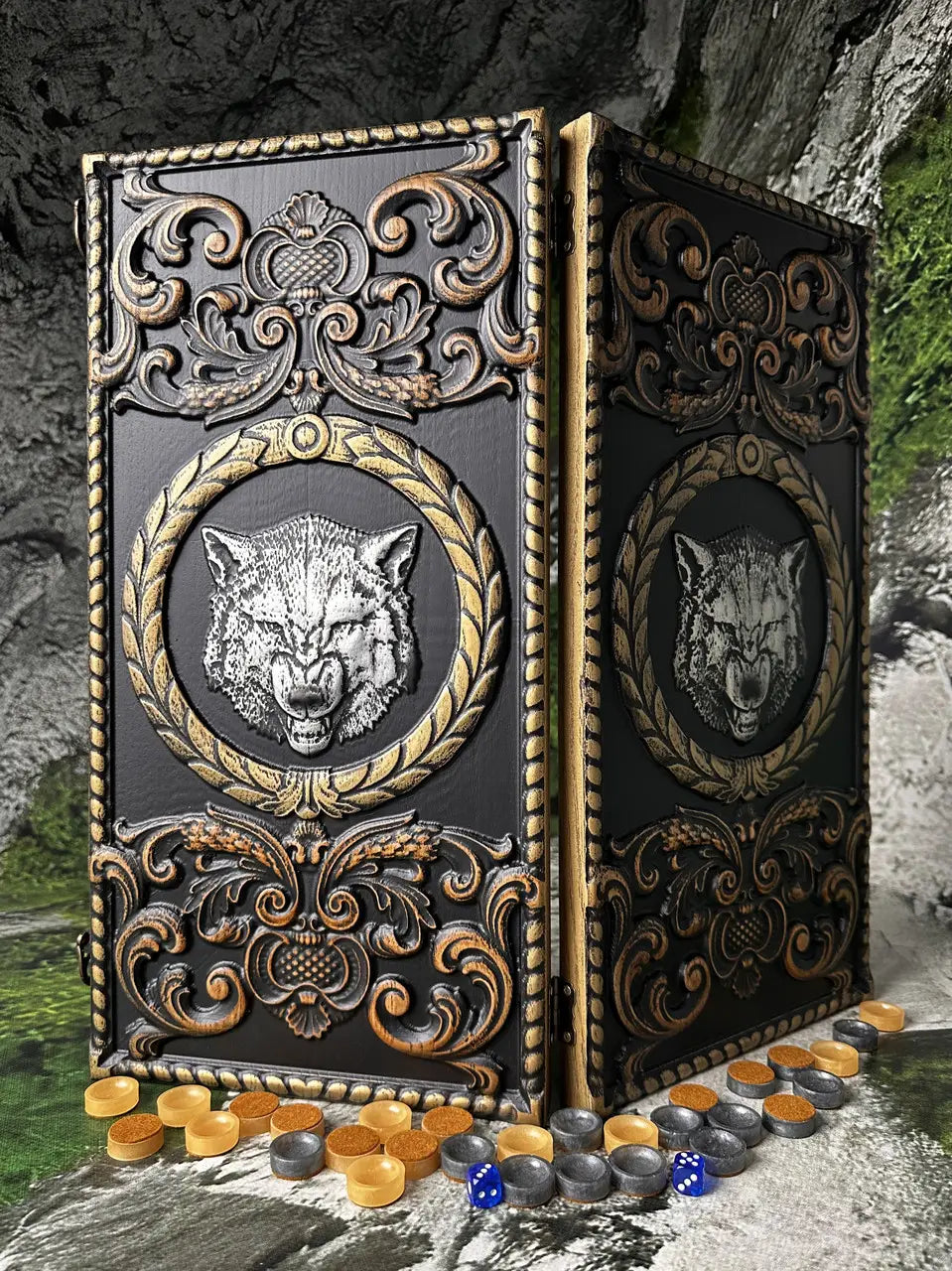 Handmade wooden backgammon set with carved wolf design