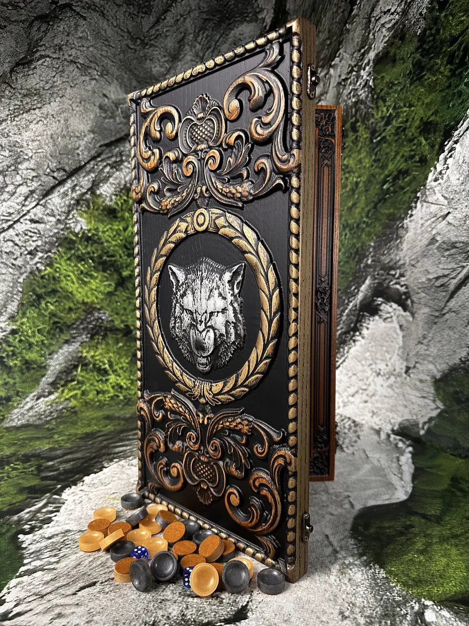 Carved wooden backgammon set with nature-inspired wolf artwork