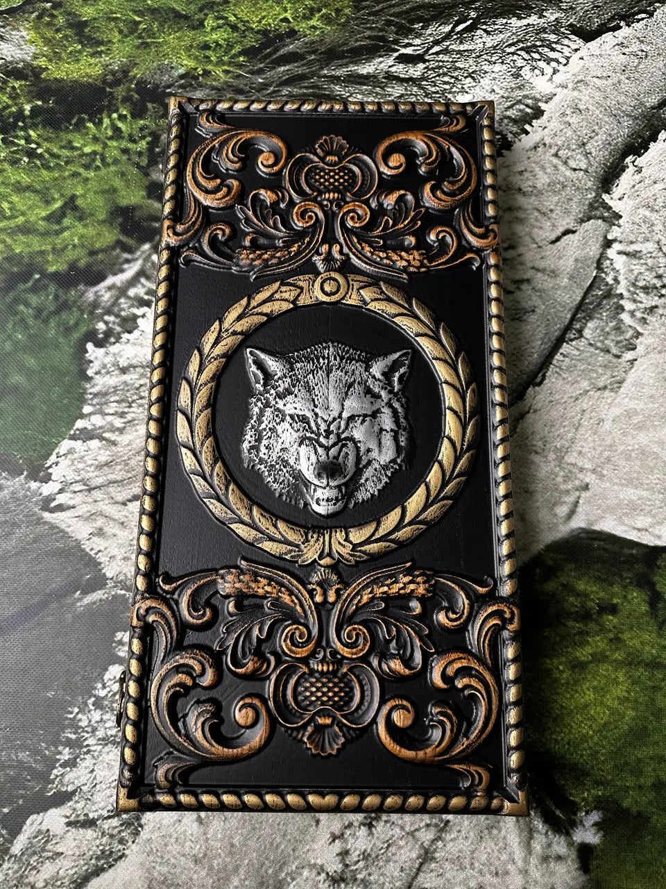 Handmade wolf backgammon set crafted from solid ash wood