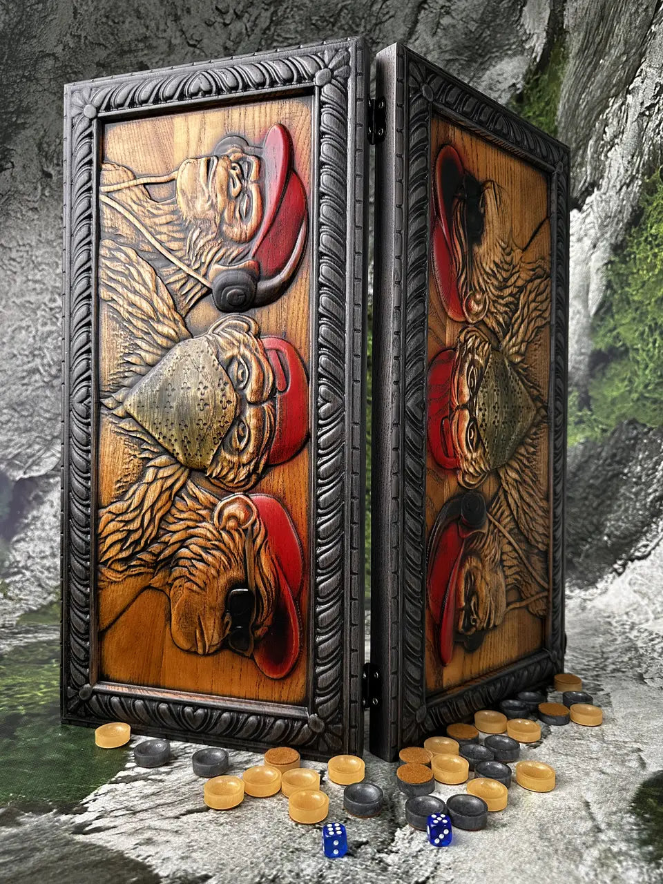 Handmade carved wooden backgammon set with Three Wise Monkeys artwork