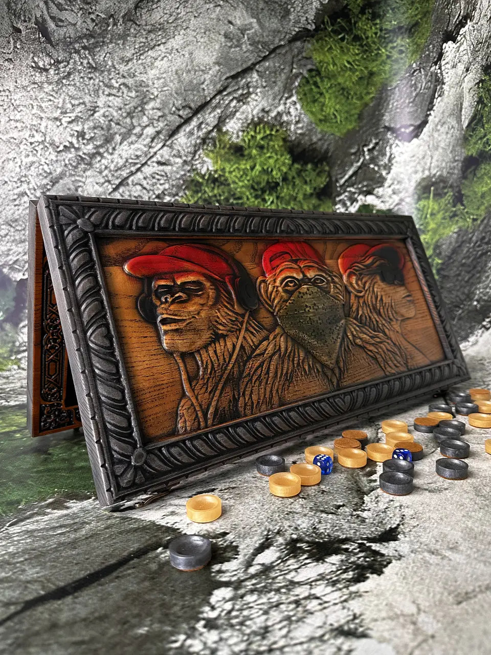 Three Wise Monkeys wooden backgammon set displayed partially open