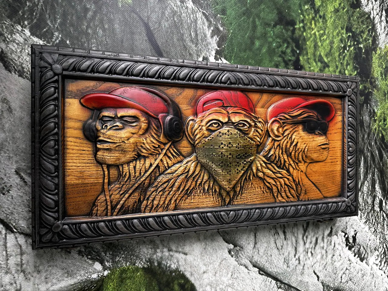 Closed wooden backgammon set featuring the Three Wise Monkeys carving