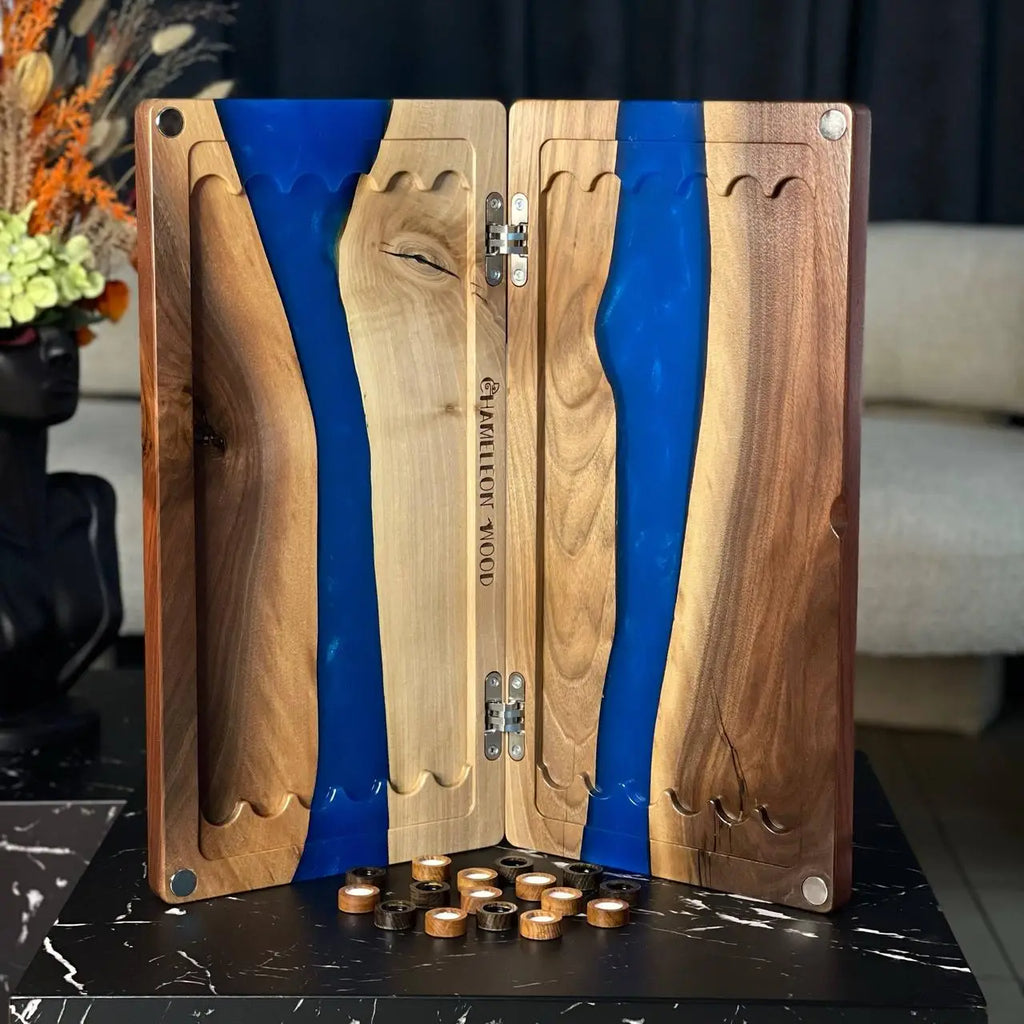 Cobalt River luxury wooden backgammon set with blue epoxy resin and checkers