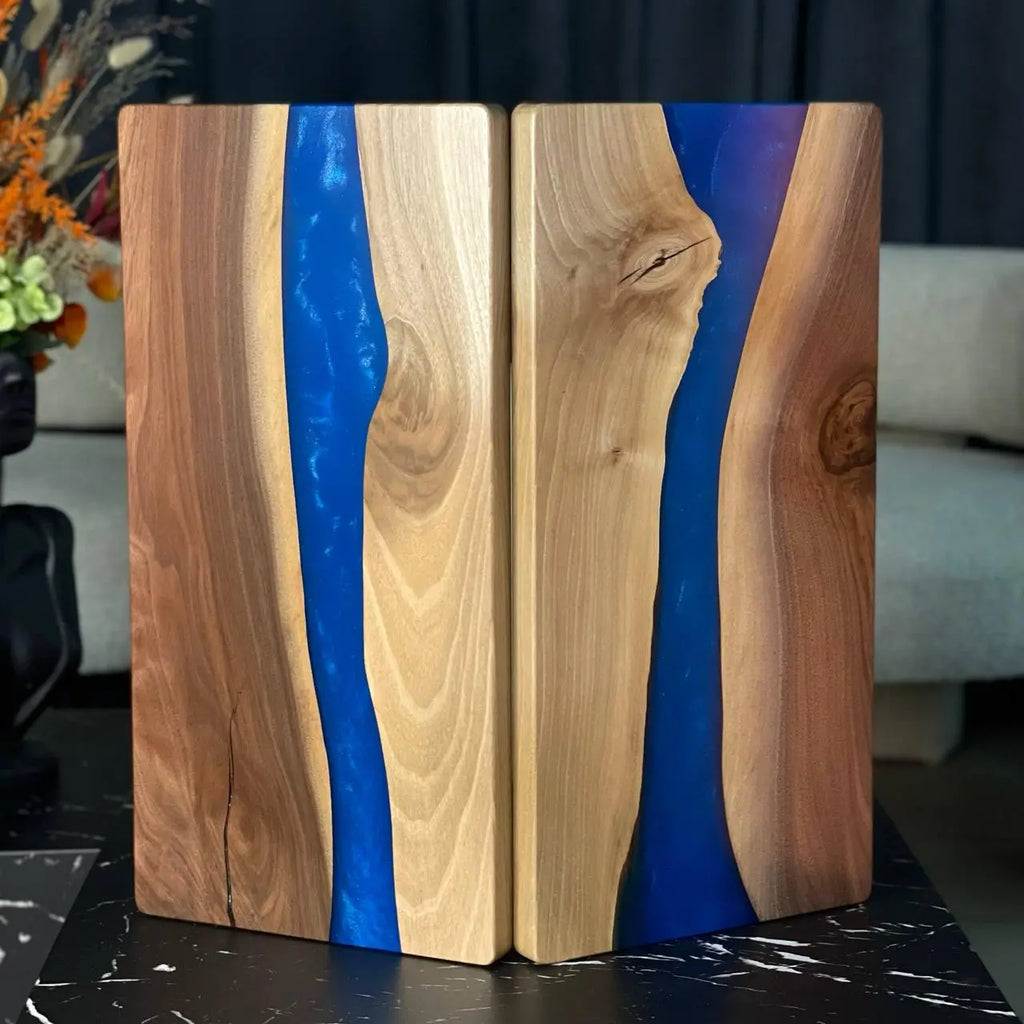 Folded handmade backgammon board with natural wood and flowing blue epoxy resin
