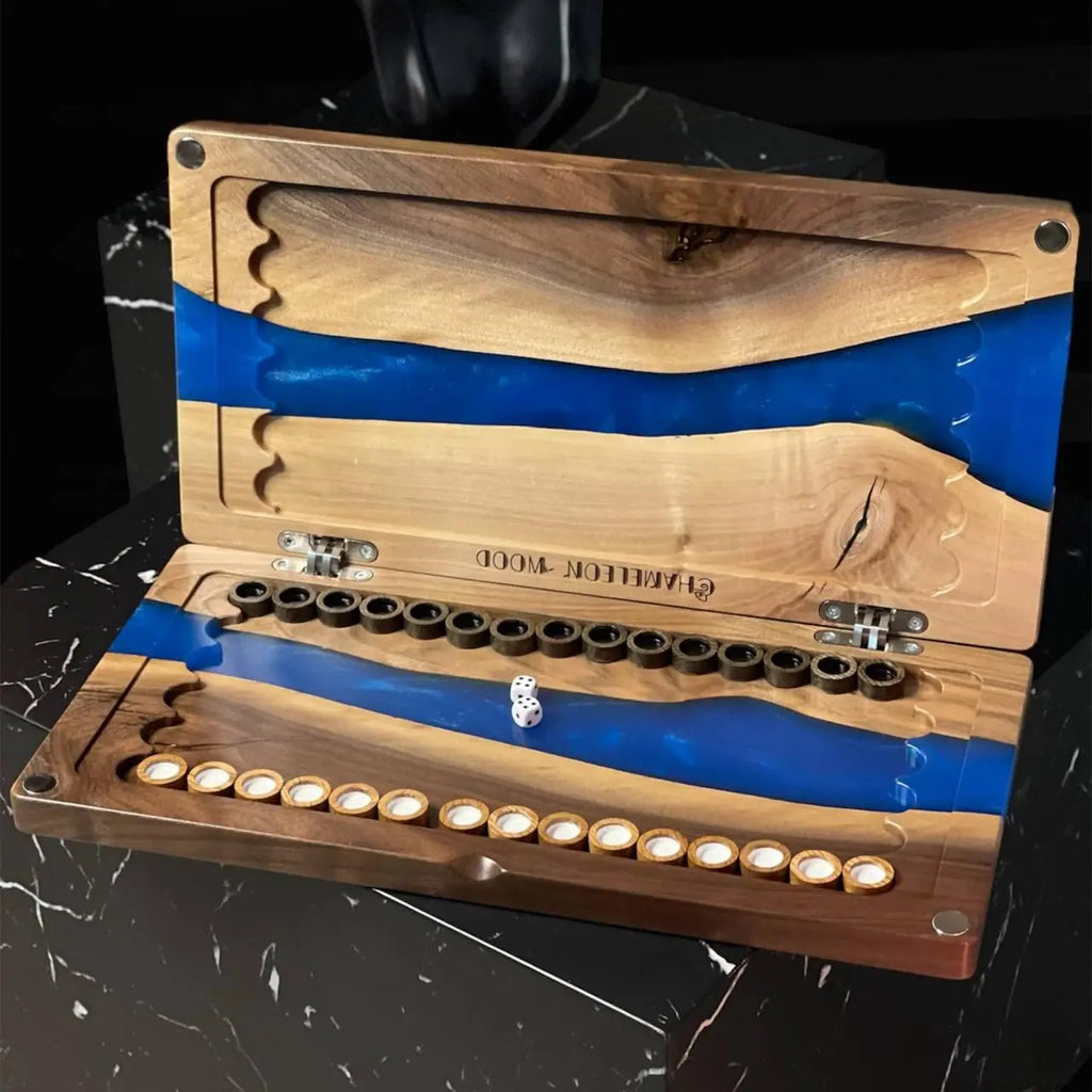 Open luxury backgammon set in natural wood and blue epoxy resin with 30 checkers