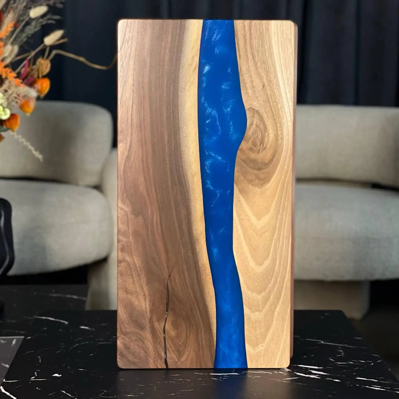 Closed Cobalt River wooden backgammon set with cobalt blue resin design