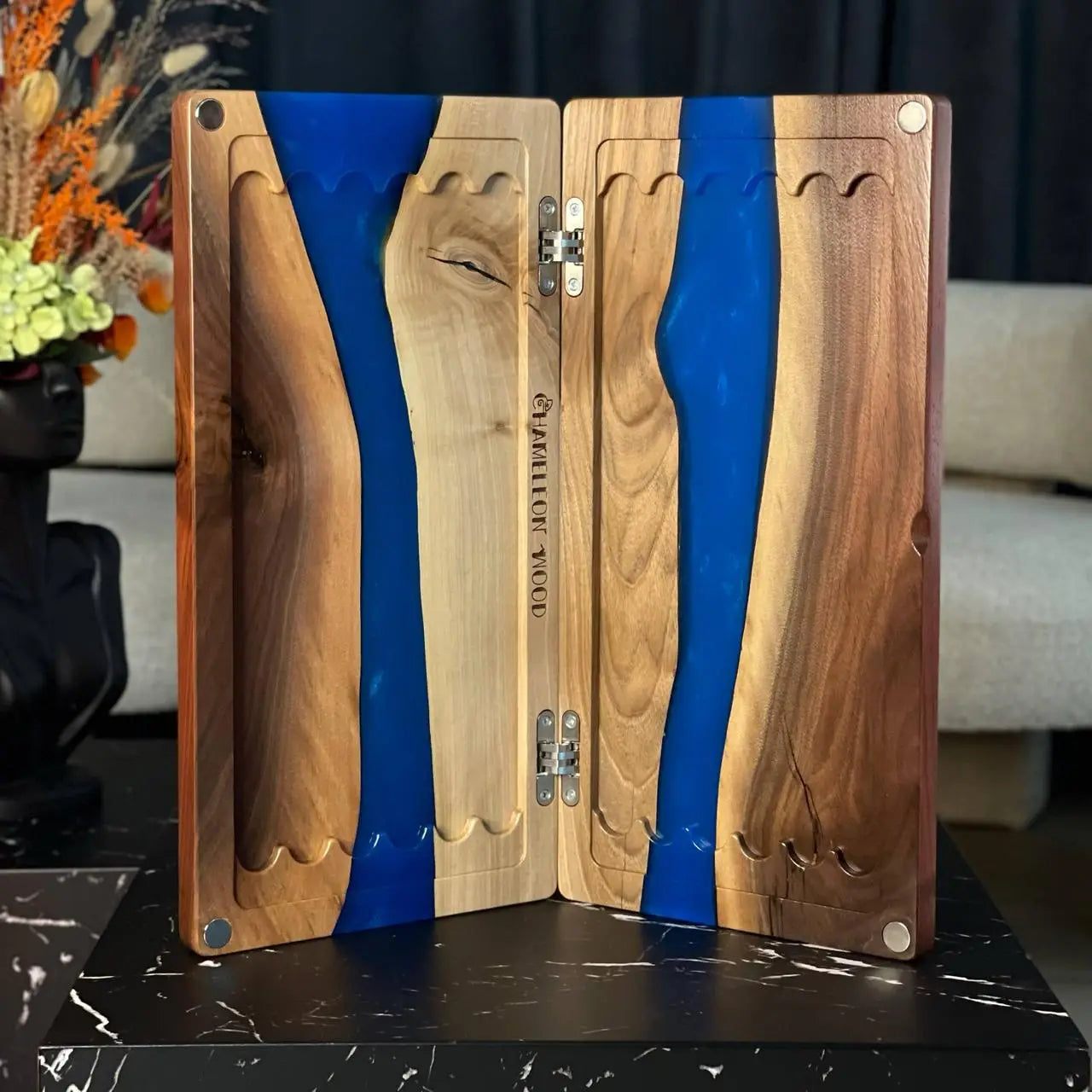 Open Cobalt River handmade backgammon board in natural wood and blue epoxy resin
