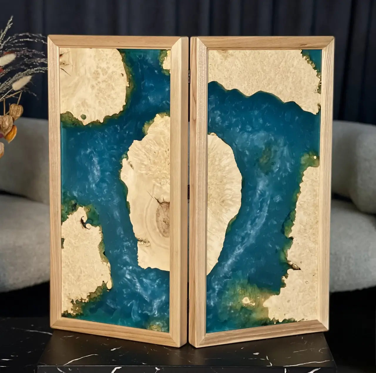 Luxury natural wood and blue resin backgammon board 60 cm