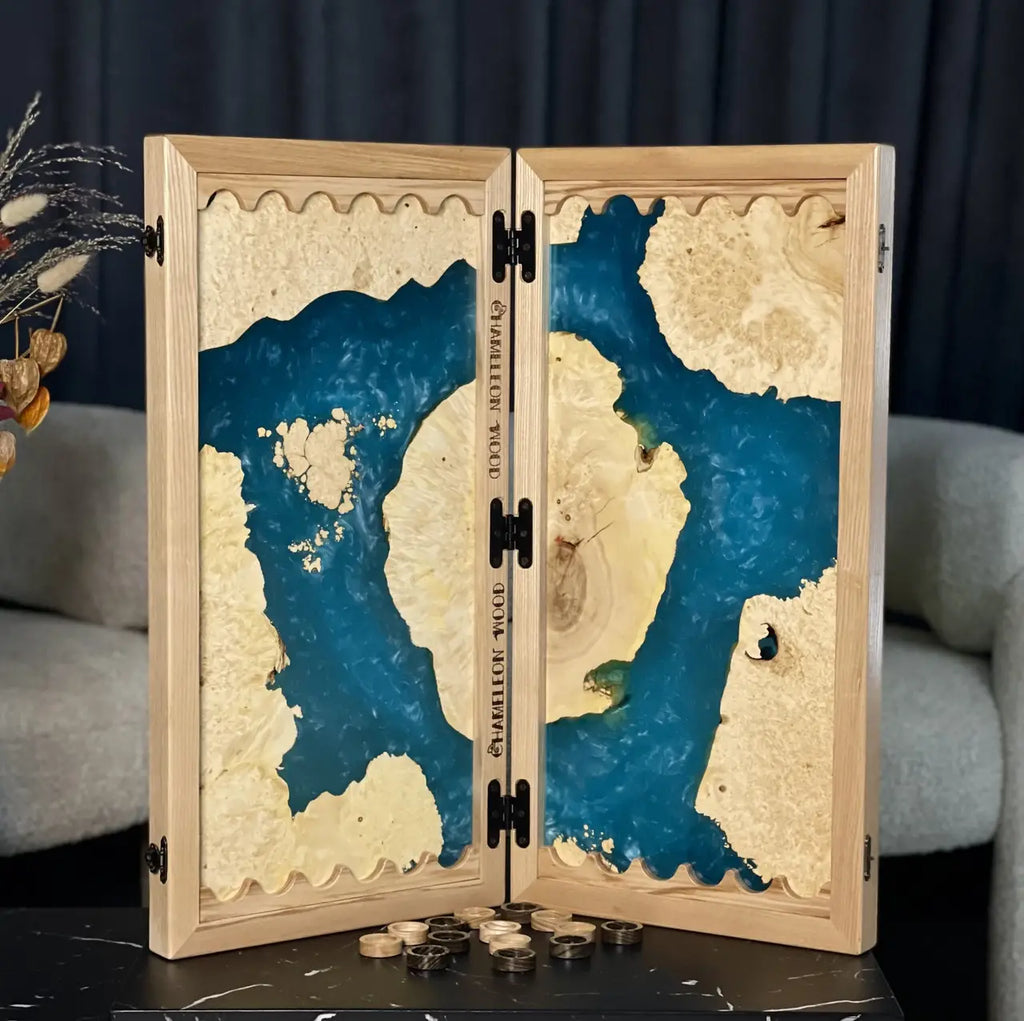 Ocean Burl artisan backgammon set with organic wood and resin pattern