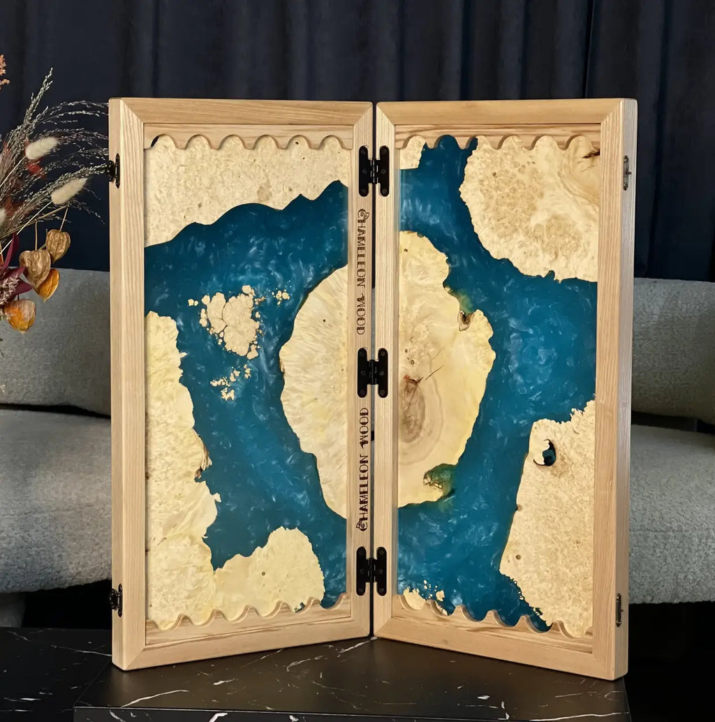 Ocean Burl handmade backgammon set in natural wood and blue epoxy resin