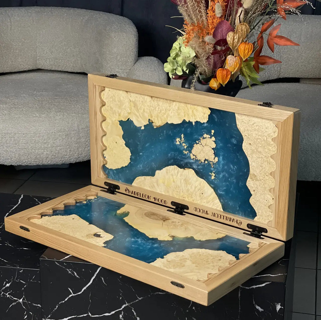 Premium handmade backgammon board with blue epoxy resin and playing pieces