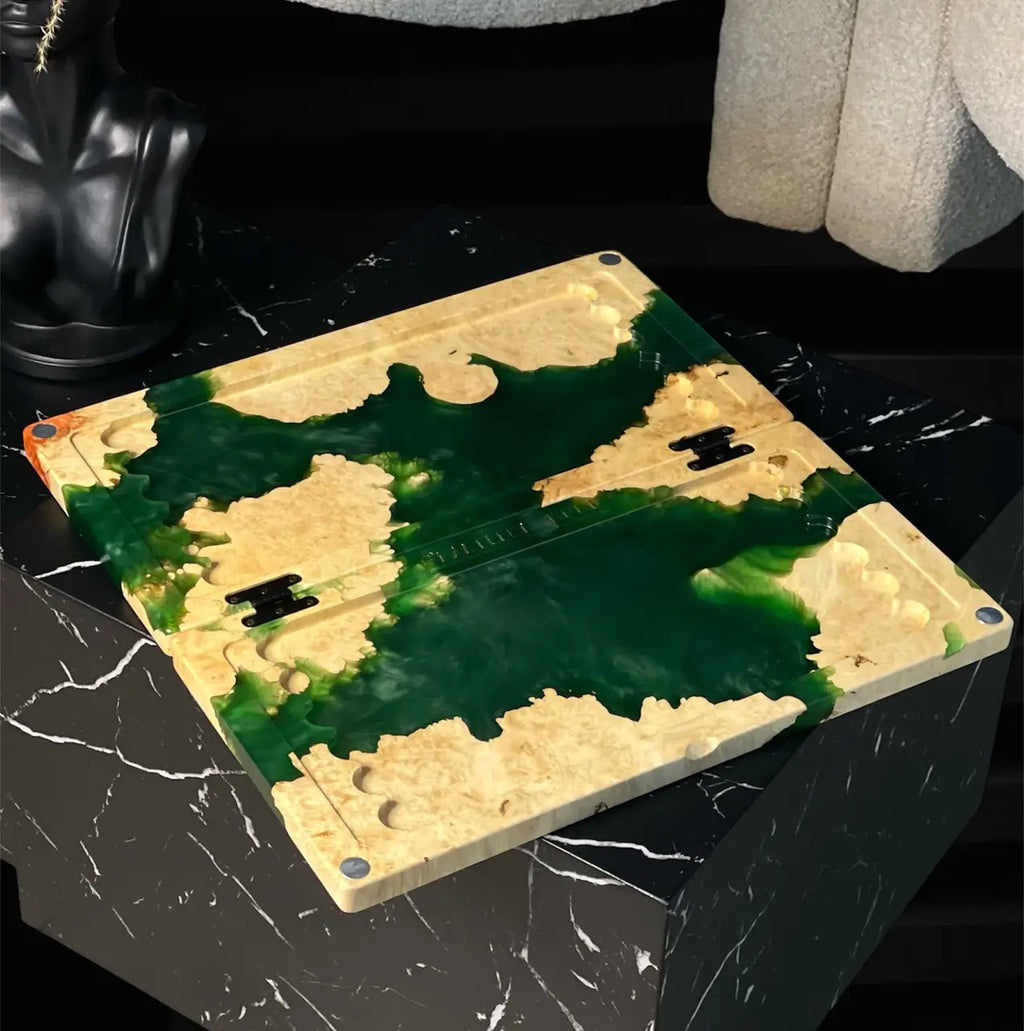 Handmade wooden backgammon board with organic green epoxy resin design