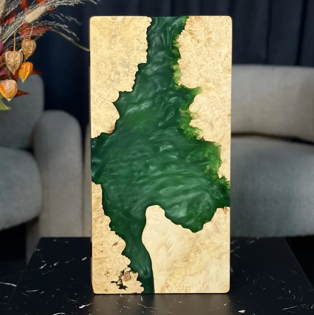 Emerald Forest handmade backgammon set in natural wood and green epoxy resin