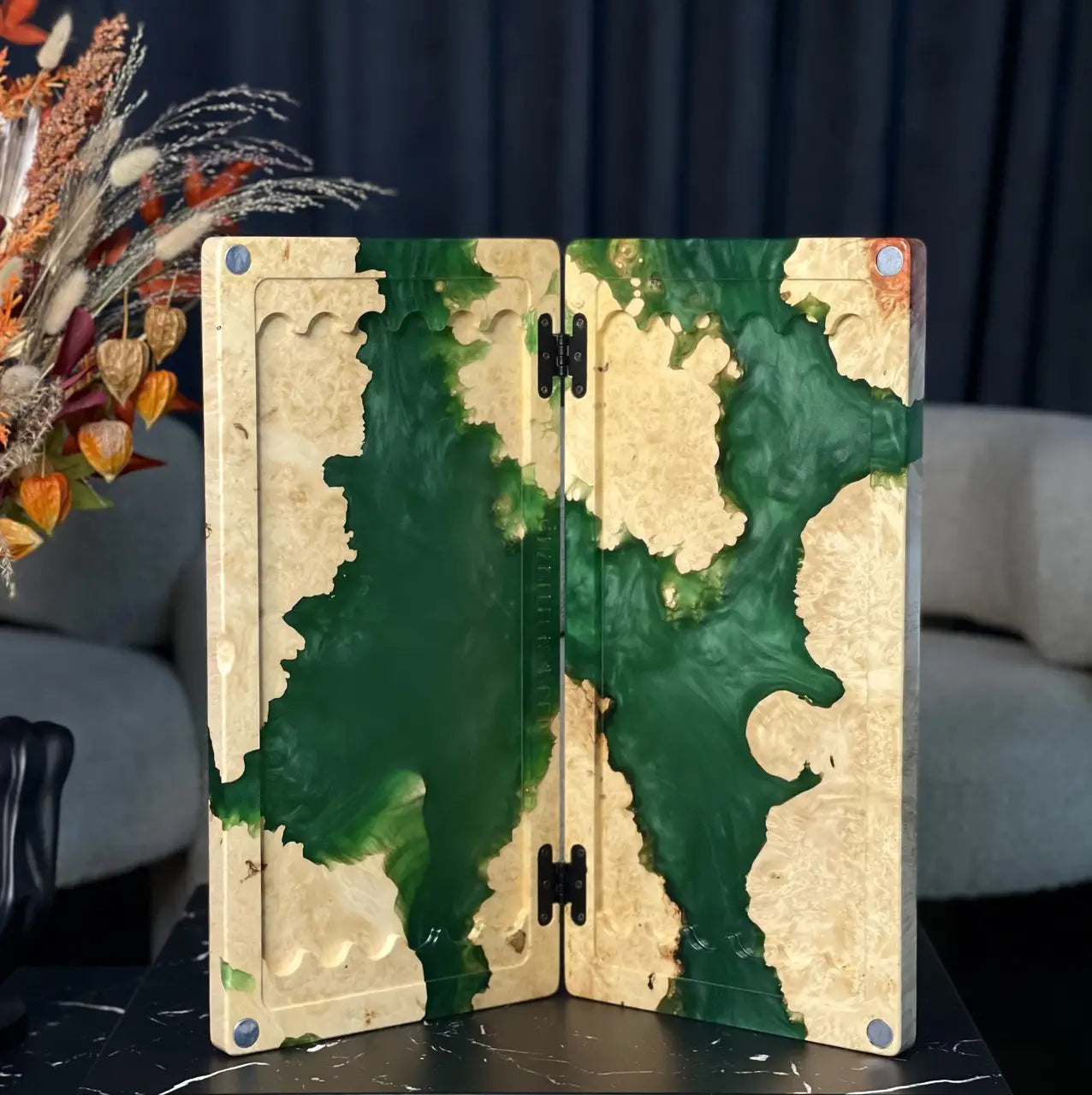 Luxury green epoxy backgammon board with handcrafted wooden checkers
