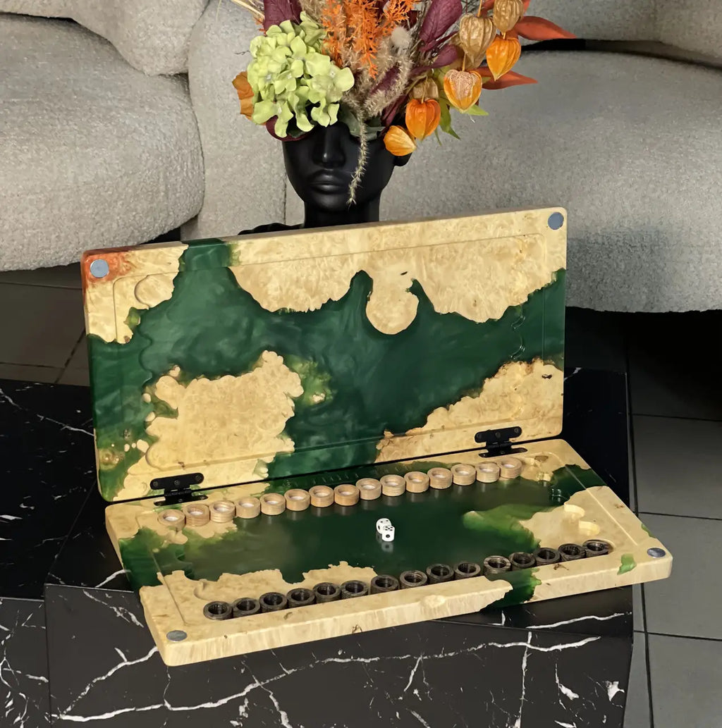 Premium handcrafted backgammon board with green epoxy resin and wooden pieces