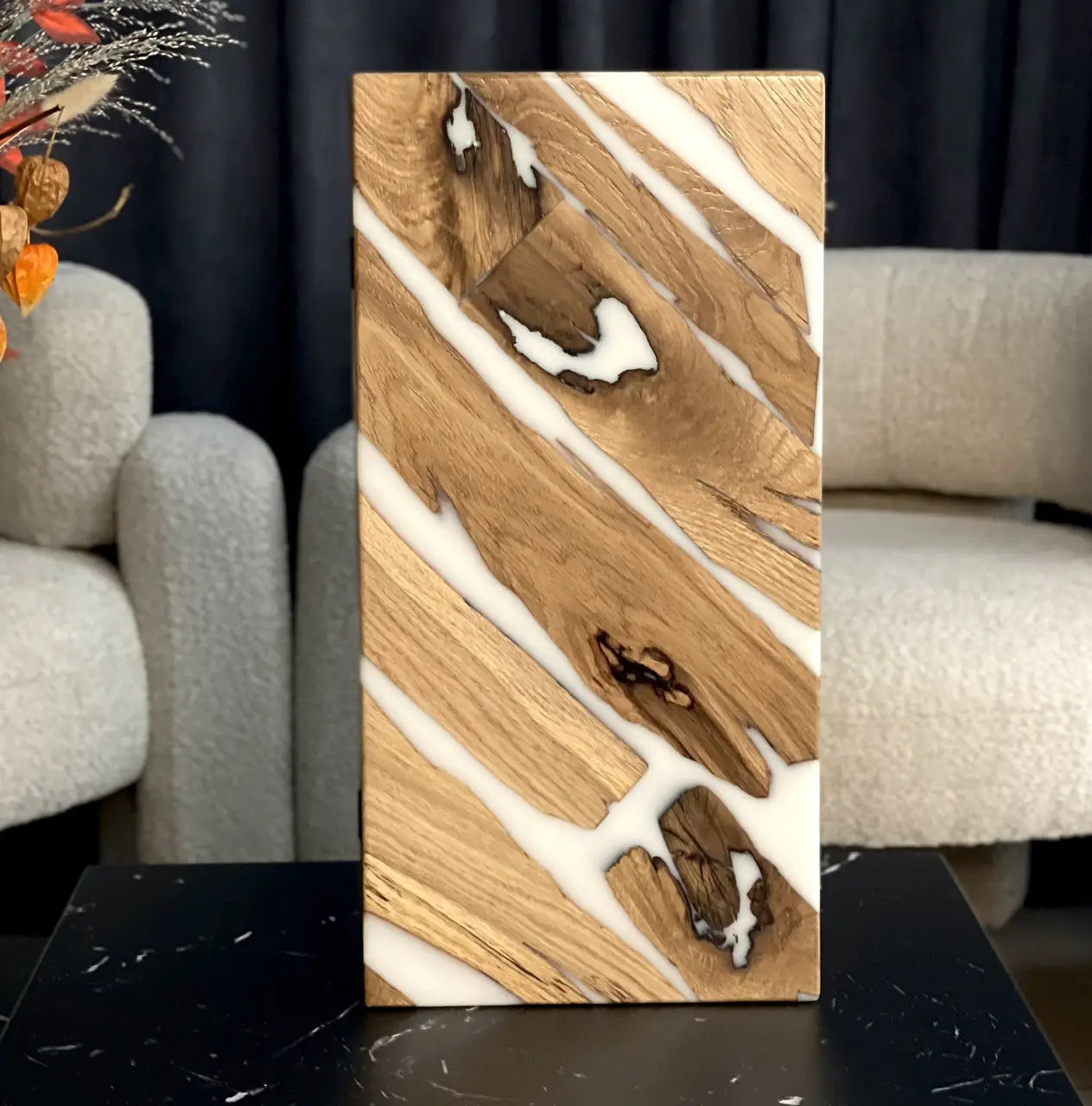 Ivory River handmade backgammon set with natural wood and white epoxy resin
