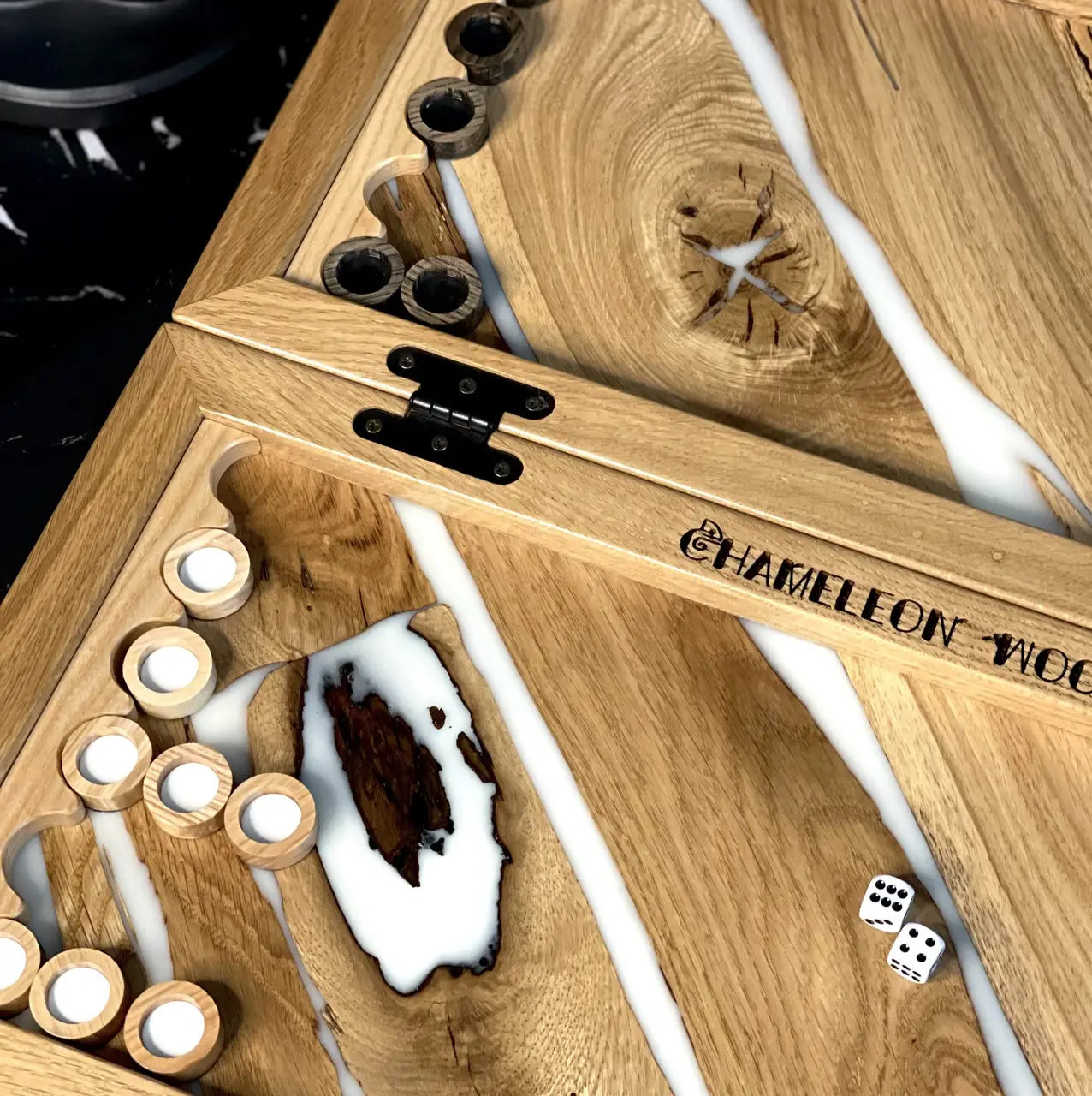 Side view of folded Ivory River handmade wooden backgammon set