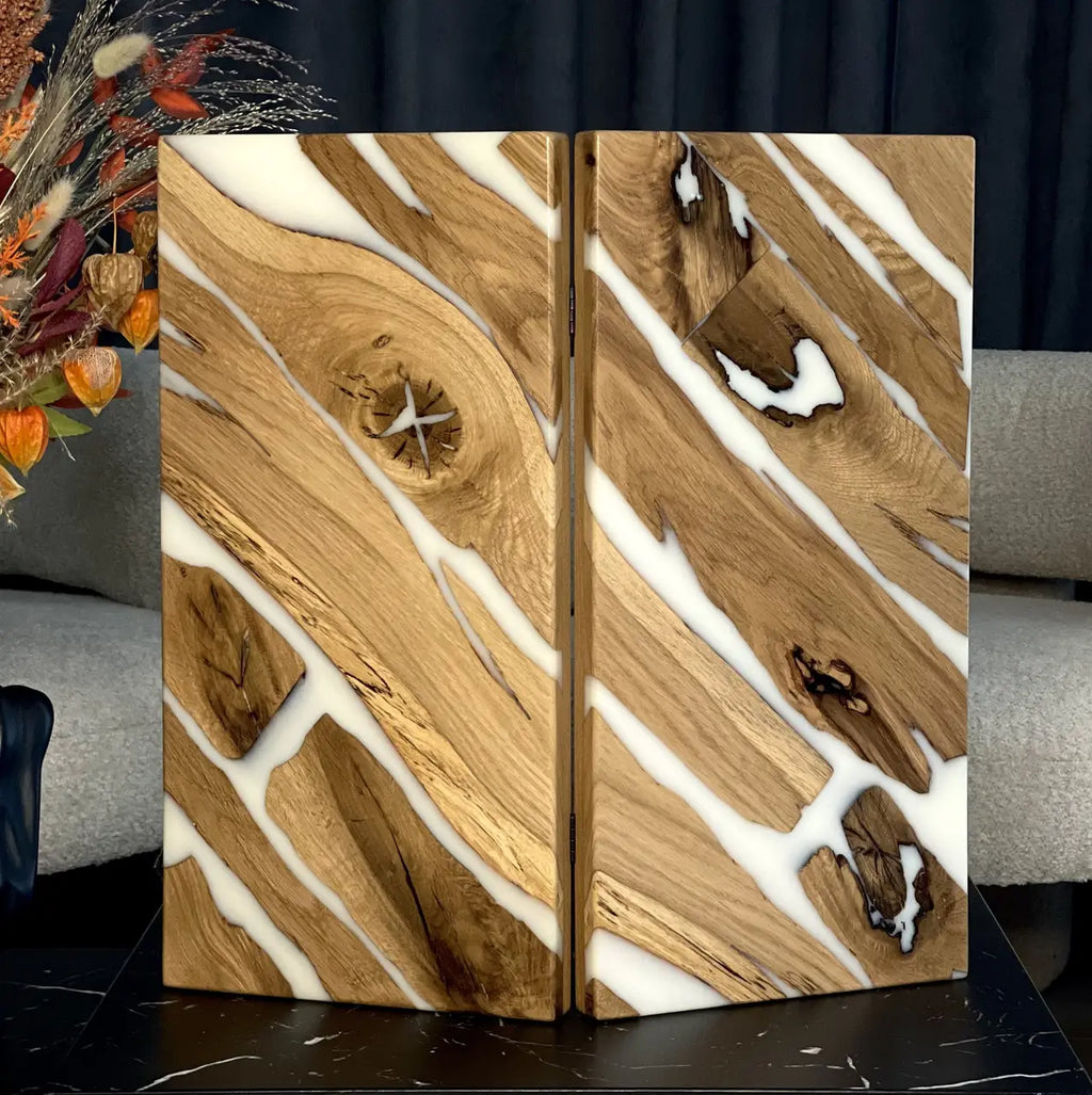 Ivory River folded backgammon board showing natural wood and white resin design