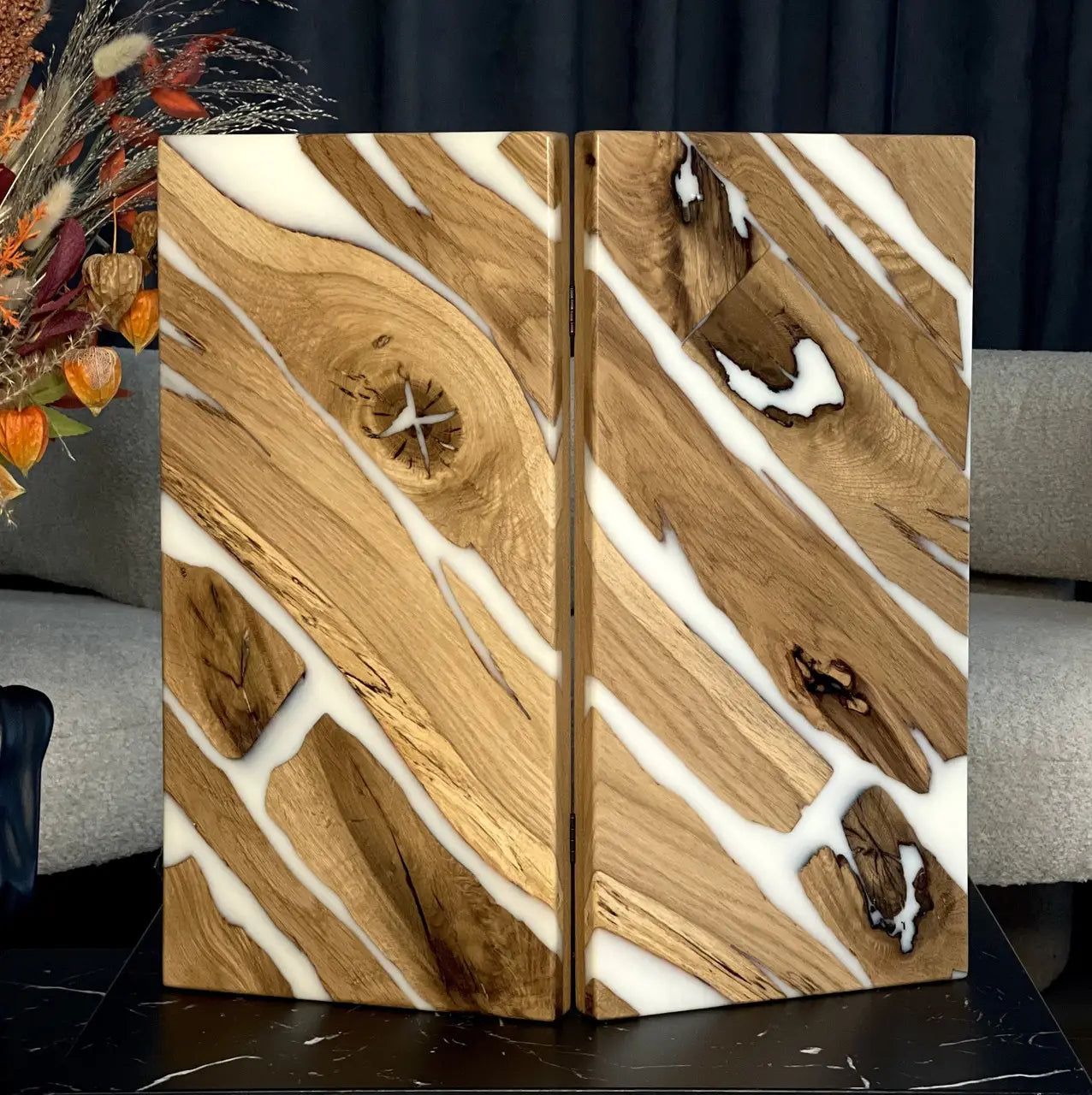 Ivory River folded backgammon board showing natural wood and white resin design