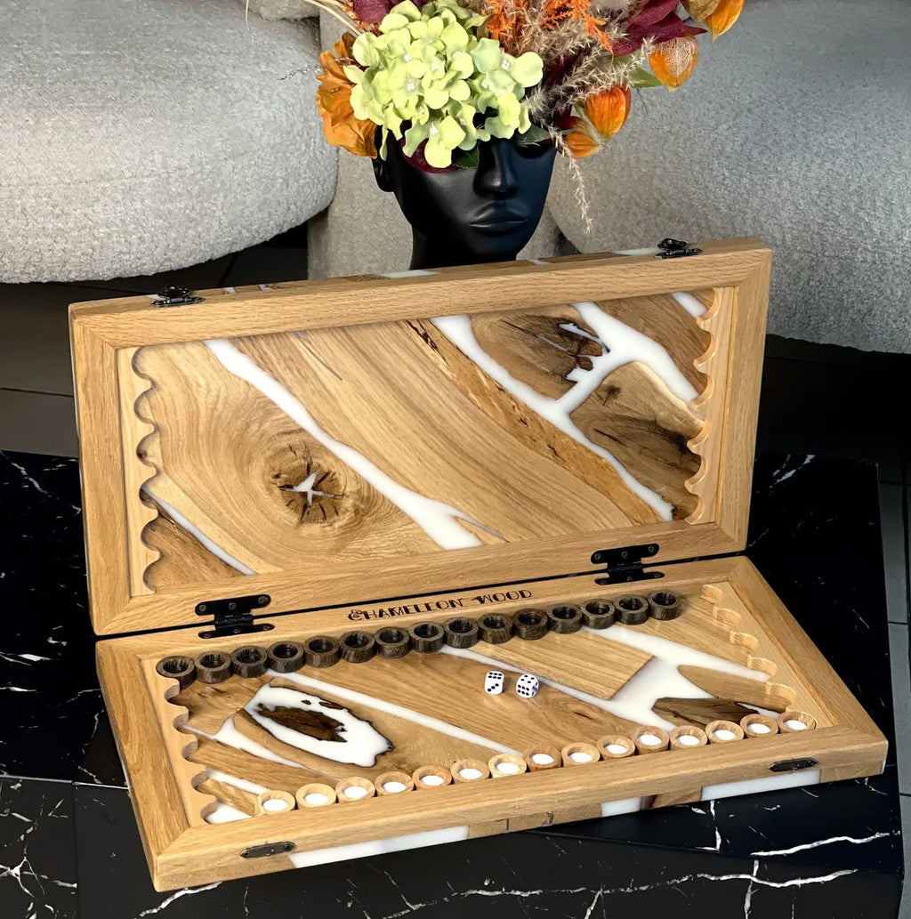 Closed Ivory River backgammon board with natural wood and flowing white epoxy resin