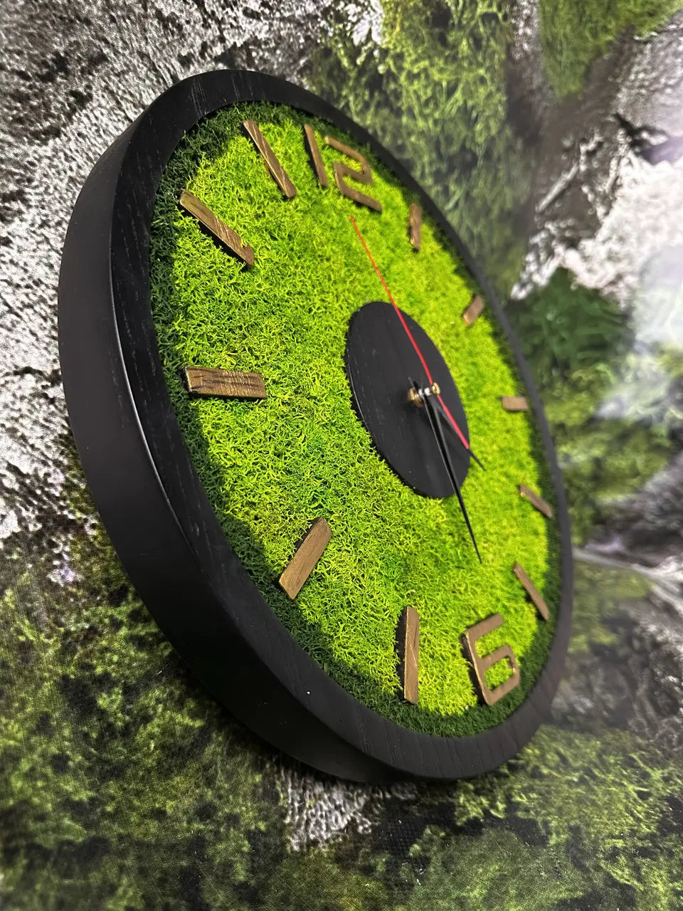 Green moss wall clock with natural ash wood details