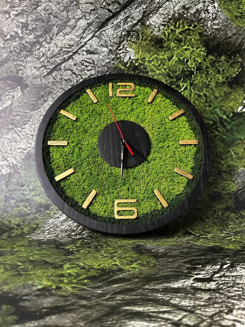 Handmade wood wall clock covered with stabilized moss