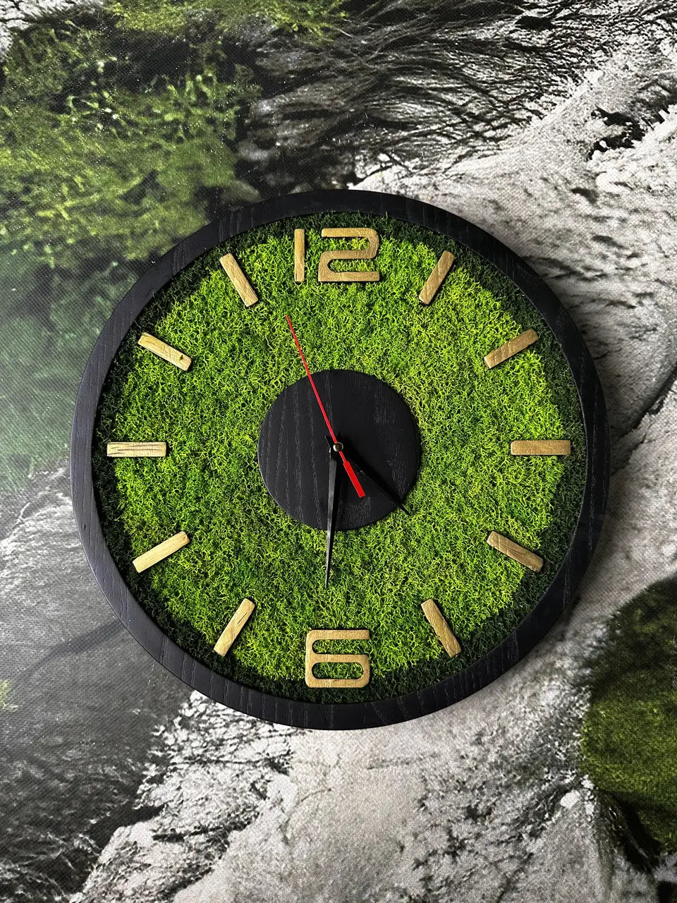 Wood Wall Clocks with green moss and dark wood center