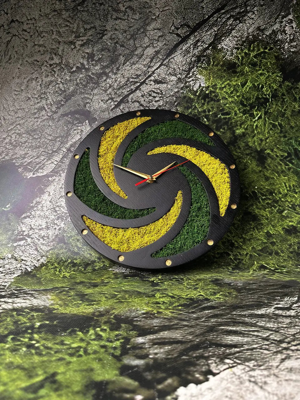 Handmade wooden wall clock with green stabilized moss
