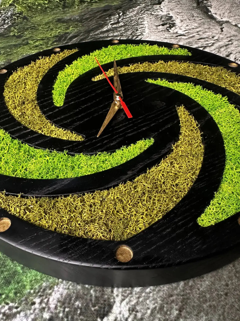 Wooden Wall Clock with dark ash wood and natural moss