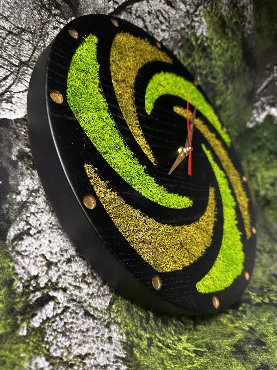 Ash wood wall clock with green spiral pattern