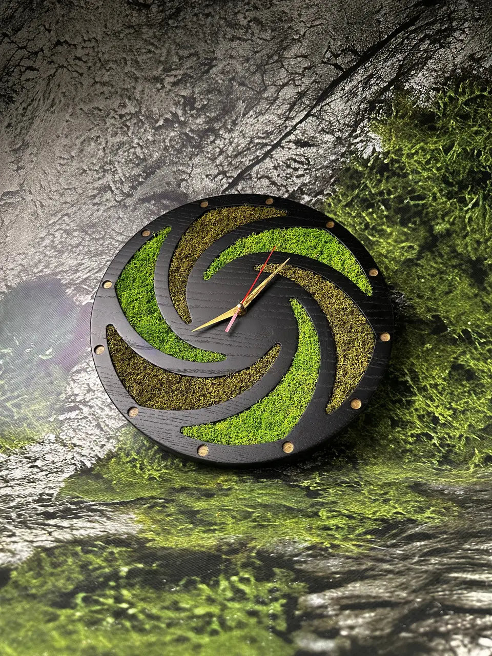 Handmade wooden wall clock with stabilized moss