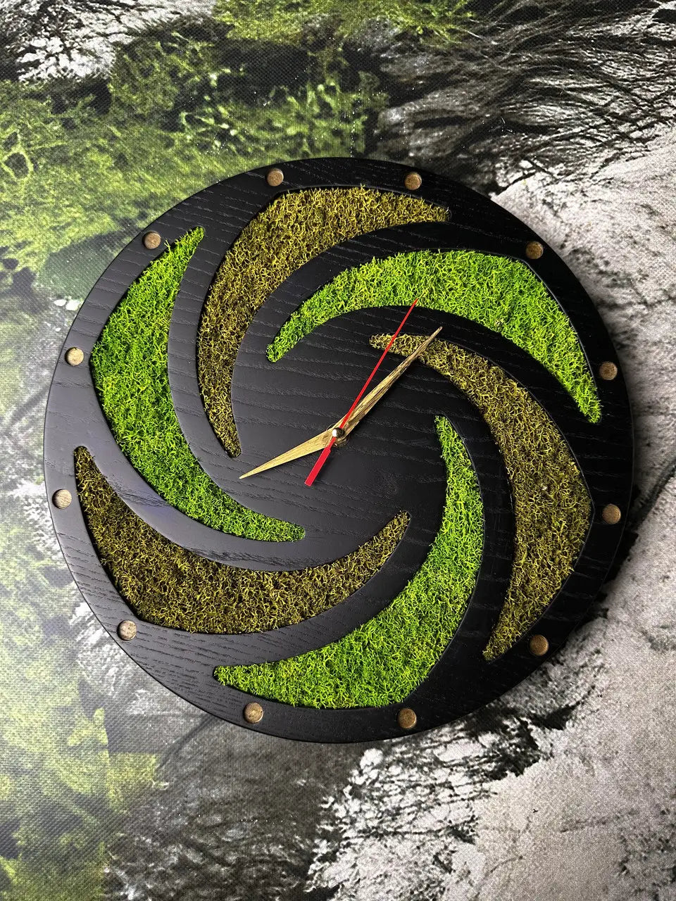 Wooden Wall Clock with green moss swirl design
