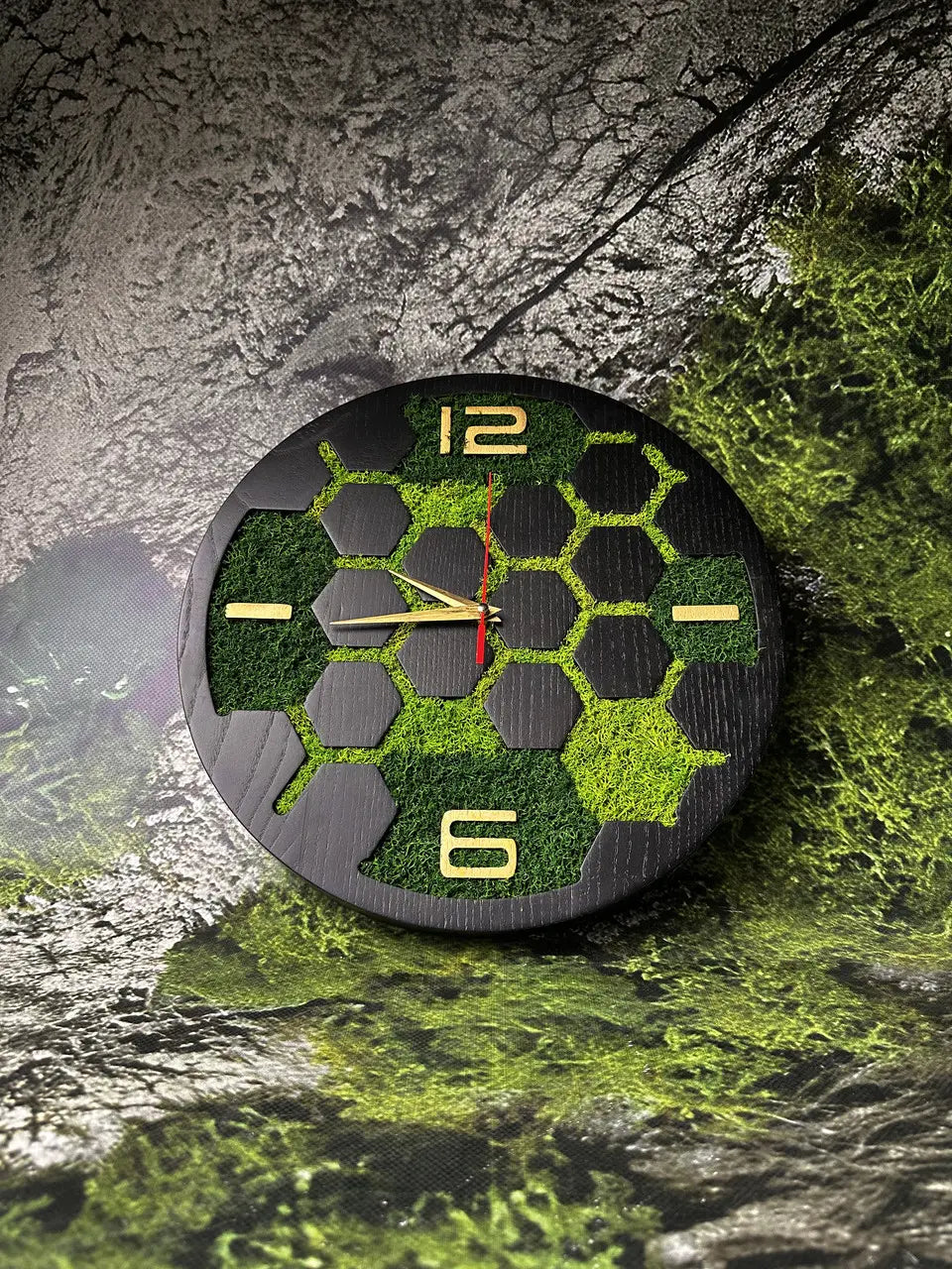 Handmade ash wood wall clock with stabilized moss