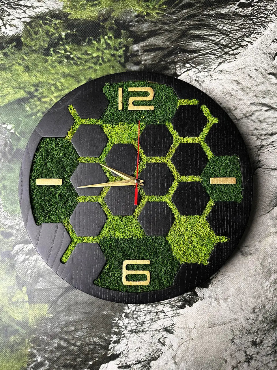 Wood Frame Wall Clocks with green moss honeycomb design