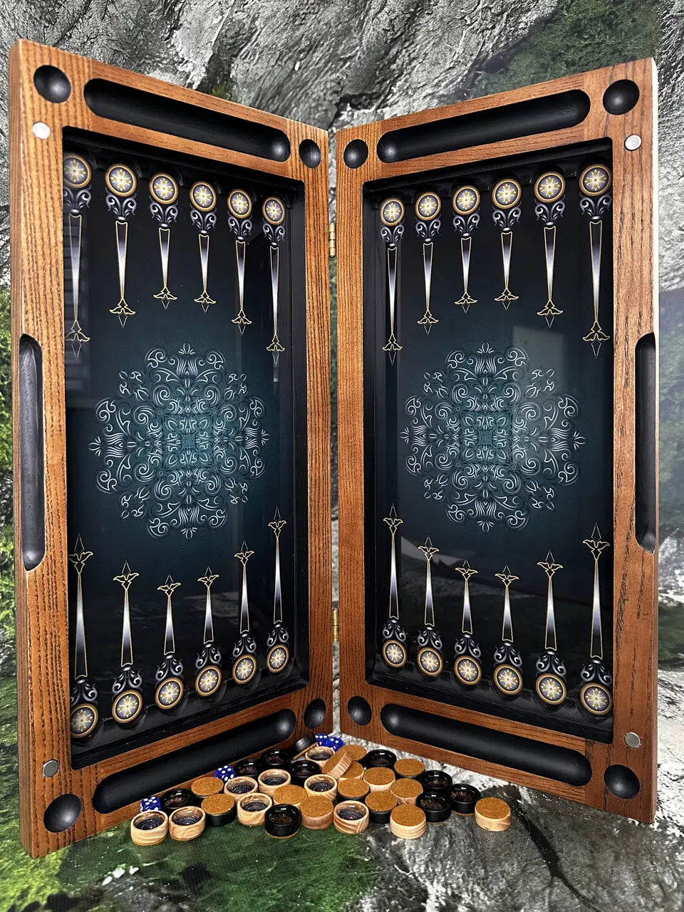 Open wooden backgammon board with glass surface and premium design