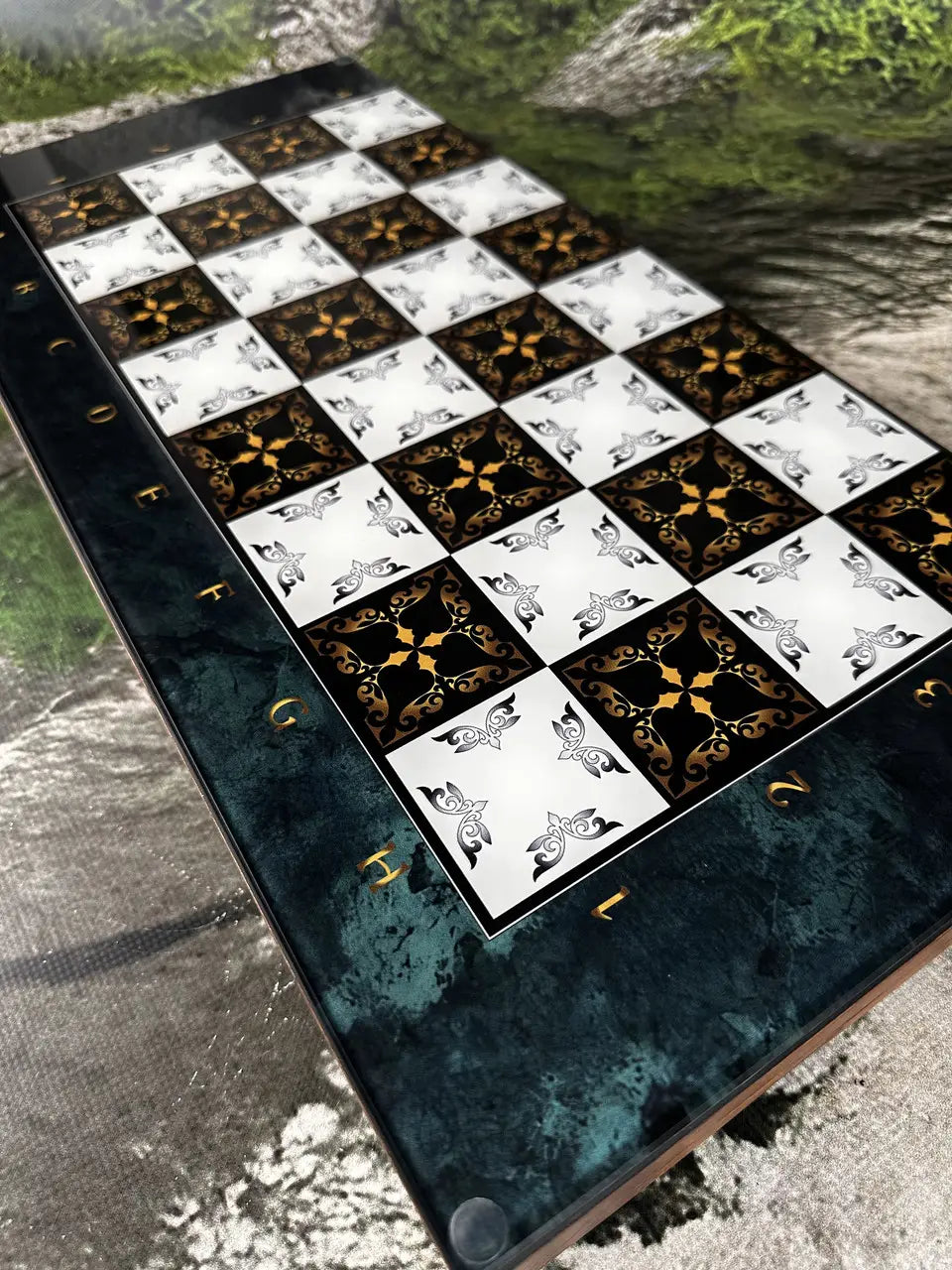 Side view of wooden board game set with handles