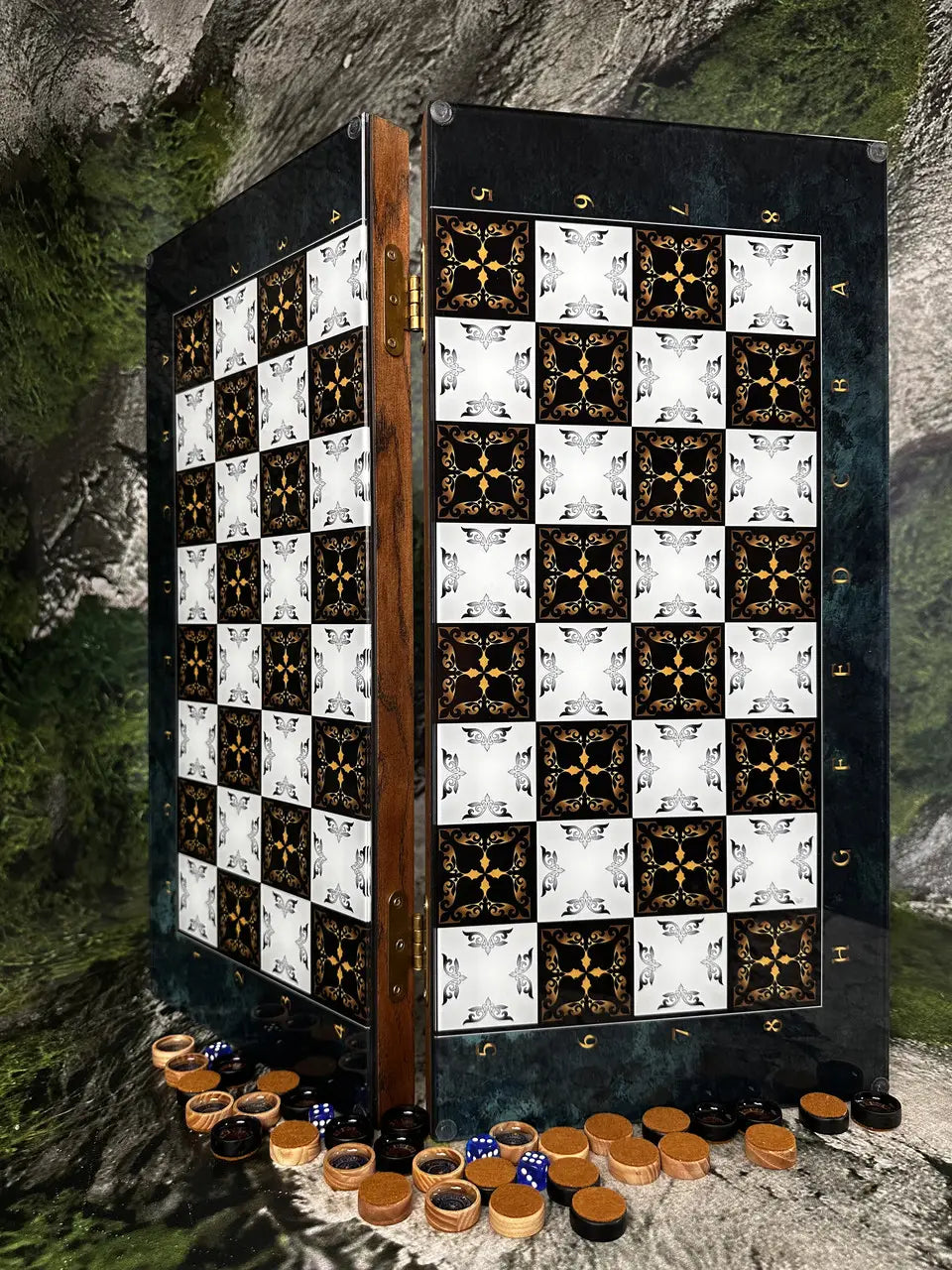 Foldable wooden game set with tempered glass chessboard