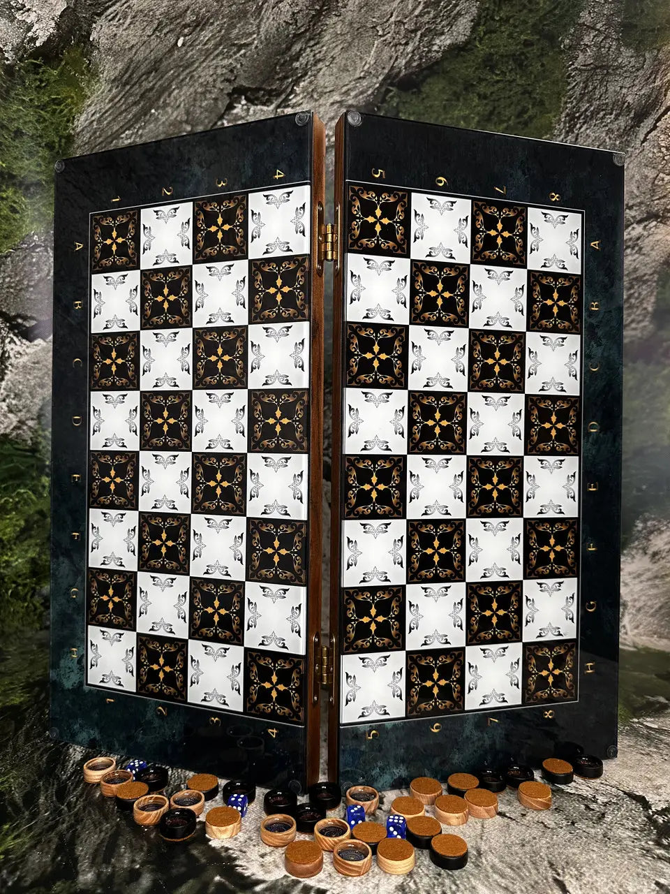 Luxury 3-in-1 wooden chess, checkers and backgammon board with tempered glass